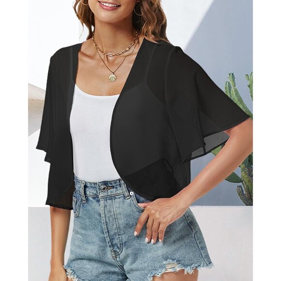 Women Shrug Chiffon Cardigans Open Front Short Sleeve Bolero for Evening Dressy - Picture 3 of 6